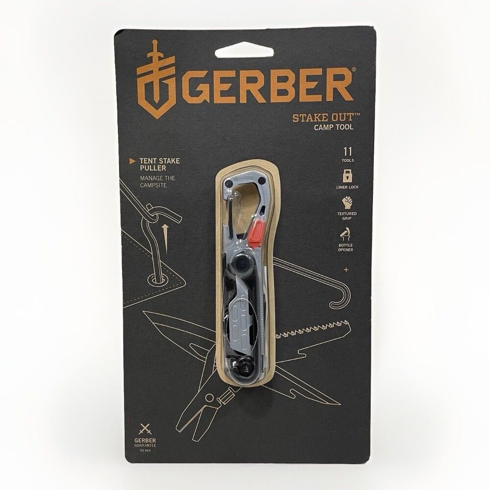 Gerber Stake Out Camp Silver Black Multi Tool 11 Tools Camping Hunting Knife New